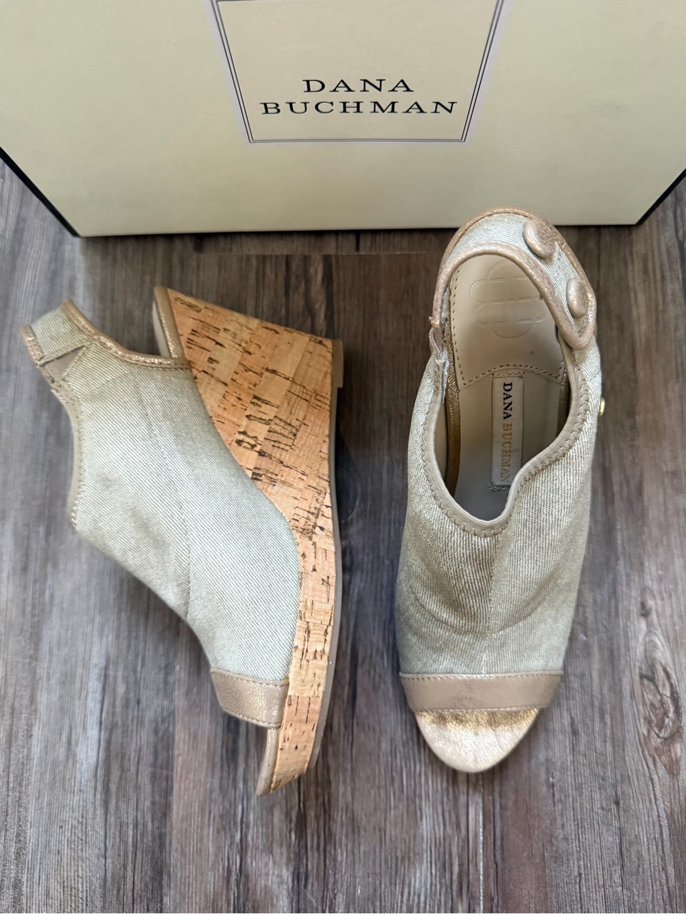 Dana Buchman Champagne Metallic Cork Wedge Peep-Toe Sandals